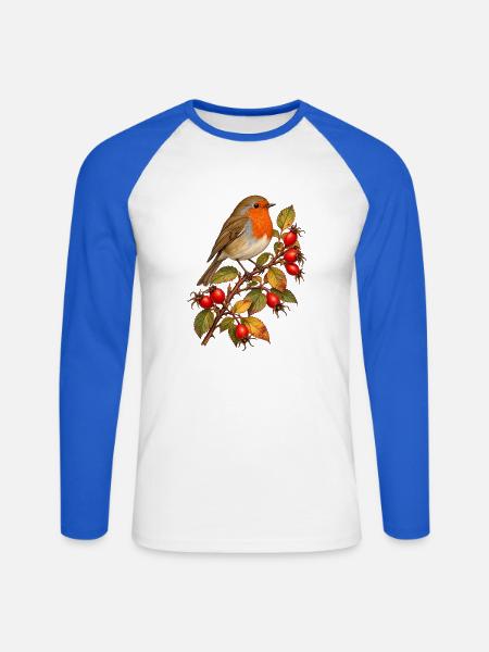 Rotkehlchen mit Hagebutten - Unisex Baseballshirt langarm - Weiß/Royalblau