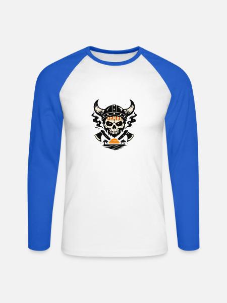 Viking Schädel mit Feueruntergang - Unisex Baseballshirt langarm - Weiß/Royalblau