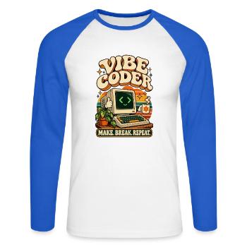 Vibe Coder Retro Computer macht Pause Wiederholung - Unisex Baseballshirt langarm - Weiß/Royalblau - Vorne - Nik (191cm)