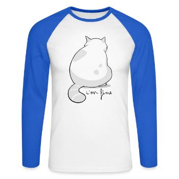 Rückansicht Flauschige Katzensilhouette - Unisex Baseballshirt langarm - Weiß/Royalblau - Vorne - Nik (191cm)