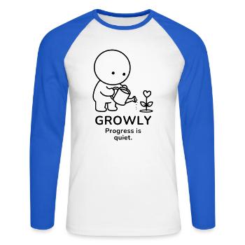 Growly – Progress Is Quiet | Plant Lover Mood - Unisex Baseballshirt langarm - Weiß/Royalblau - Vorne - Nik (191cm)