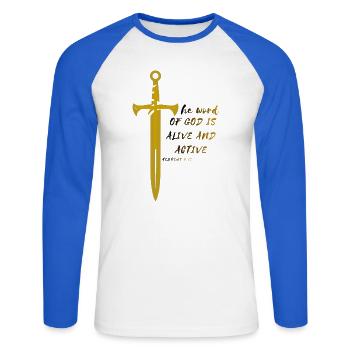 Schärfer als jedes zweischneidige Schwert - Unisex Baseballshirt langarm - Weiß/Royalblau - Vorne - Nik (191cm)