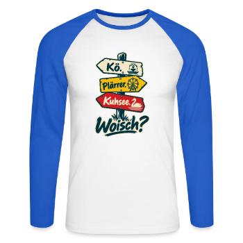 Kö Plärrer Kuhsee Woisch - Unisex Baseballshirt langarm - Weiß/Royalblau - Vorne - Nik (191cm)