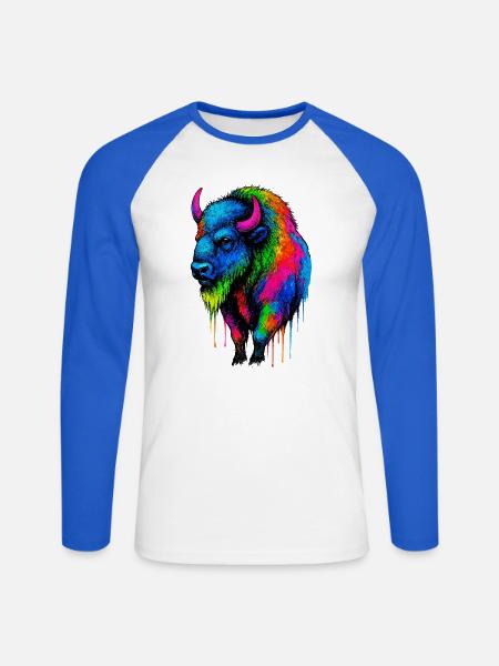 Bunter Bison Farbexplosion - Unisex Baseballshirt langarm - Weiß/Royalblau