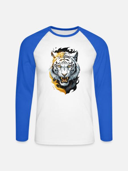 Flammen-Tiger Weißer Krieger - Unisex Baseballshirt langarm - Weiß/Royalblau