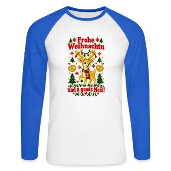 Frohe Weihnachtn a guads Neis - Unisex Baseballshirt langarm - Weiß/Royalblau - Vorne - Nik (191cm)