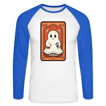 Carte de Tarot Orange Ghost - T-shirt baseball manches longues Homme - blanc/bleu royal - Devant - Nik (191cm)