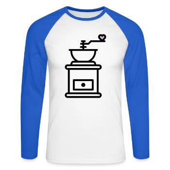 Coffee Love: Coffee Grinder with Heart Vector - Unisex Long Sleeve Baseball T-Shirt - white/royal blue - Front - Nik (191cm)