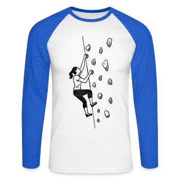 Bouldern Shirt Damen – Grafik Minimalismus - Unisex Baseballshirt langarm - Weiß/Royalblau - Vorne - Nik (191cm)