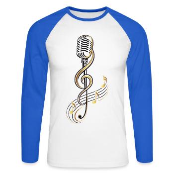Microphone avec clé de sol – motif musical - T-shirt baseball manches longues Homme - blanc/bleu royal - Devant - Nik (191cm)