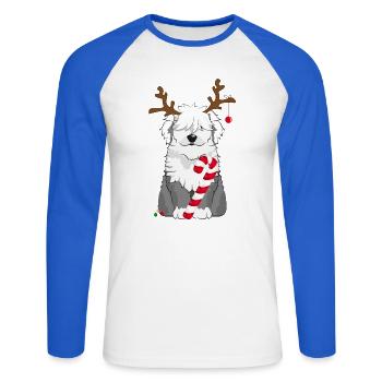 Chien bobtail avec canne à sucre et bois de renne - T-shirt baseball manches longues Homme - blanc/bleu royal - Devant - Nik (191cm)
