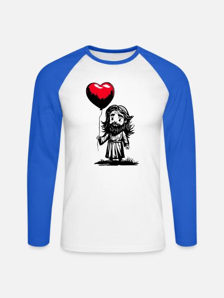 Jesus mit Herz Luftballon - Heartful Creatures - Unisex Baseballshirt langarm - Weiß/Royalblau