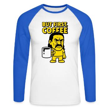 Coffee Man - Unisex Baseballshirt langarm - Weiß/Royalblau - Vorne - Nik (191cm)