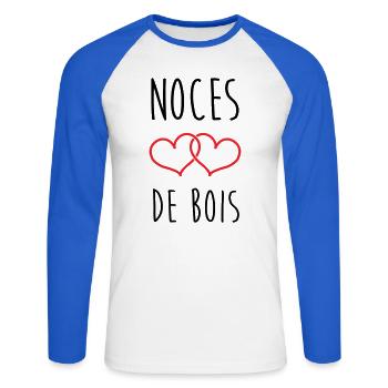 Holz-Hochzeitstag – 5 Jahre Ehe - Unisex Baseballshirt langarm - Weiß/Royalblau - Vorne - Nik (191cm)