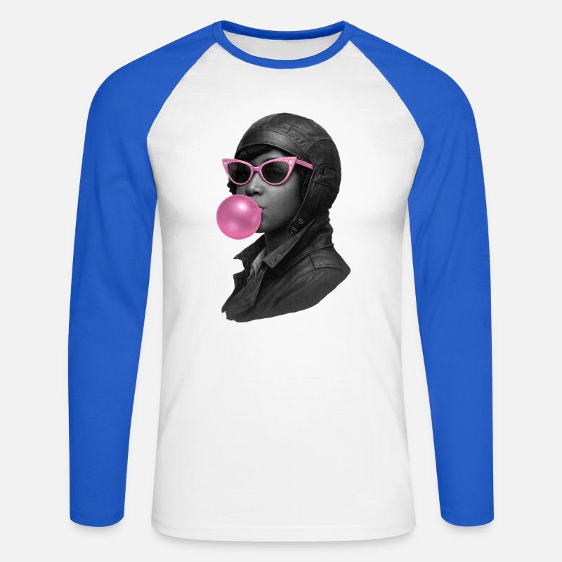 Bessie Coleman con occhiali da sole rosa e gomma da masticare - Maglia da baseball a manica lunga da uomo - bianco/blu royal