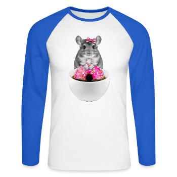 Lustiger Hamster mit rosa Donuts und Schleife - Unisex Baseballshirt langarm - Weiß/Royalblau - Vorne - Nik (191cm)