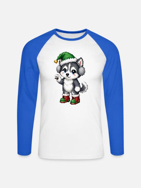 Husky-Welpen-Elfenhut-Weihnachten - Unisex Baseballshirt langarm - Weiß/Royalblau
