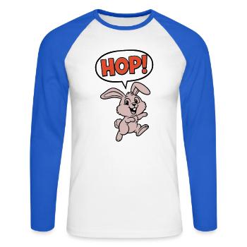 HOP! Bunny Jumping Comic Action Vector - Unisex Long Sleeve Baseball T-Shirt - white/royal blue - Front - Nik (191cm)