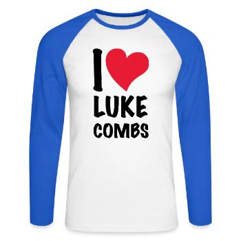 J’adore Luke Combs - T-shirt baseball manches longues Homme - blanc/bleu royal - Devant - Nik (191cm)
