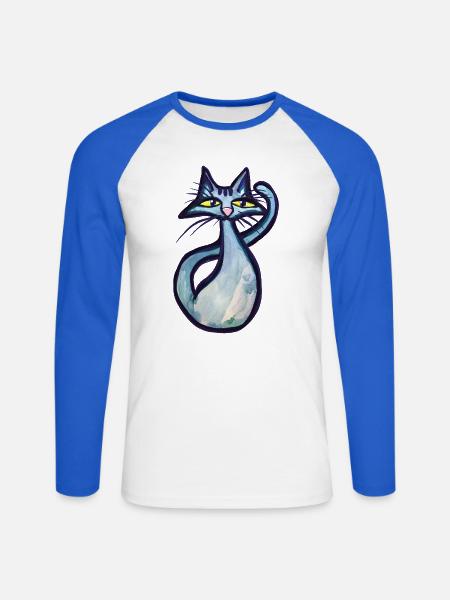 Schnurrbart-Aquarellkatze - Unisex Baseballshirt langarm - Weiß/Royalblau