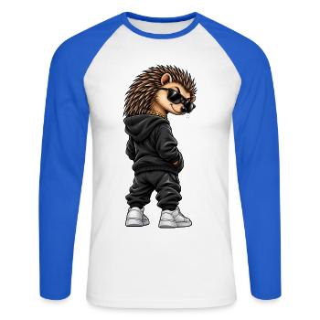 Igel im Streetstyle – Frecher Gangster-Look - Unisex Baseballshirt langarm - Weiß/Royalblau - Vorne - Nik (191cm)