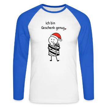 Ich bin Geschenk genug | Weihnachtshumor mit Figur - Unisex Baseballshirt langarm - Weiß/Royalblau - Vorne - Nik (191cm)
