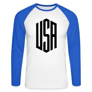 USA Schriftzug Aufschrift - Unisex Baseballshirt langarm - Weiß/Royalblau - Vorne - Nik (191cm)