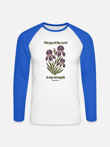 Die Freude des Herrn – Iris-Blumendesign - Unisex Baseballshirt langarm - Weiß/Royalblau
