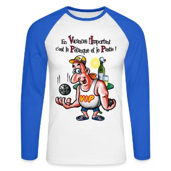 Pétanque VIP - T-shirt baseball manches longues Homme - blanc/bleu royal - Devant - Nik (191cm)