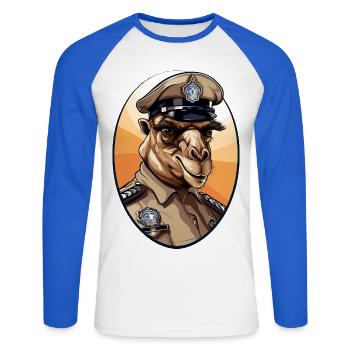 Police des chameaux - T-shirt baseball manches longues Homme - blanc/bleu royal - Devant - Nik (191cm)