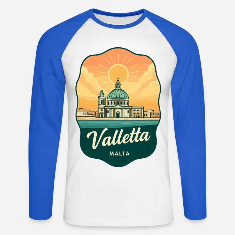 Valletta Malta Retro Sunset Reiseabzeichen - Unisex Baseballshirt langarm - Weiß/Royalblau