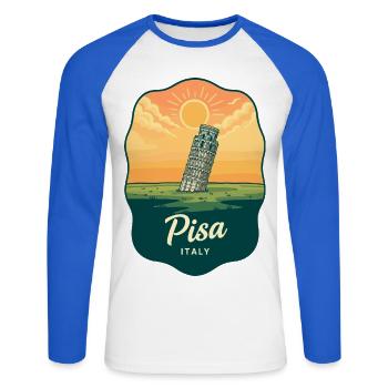 Insigne vintage Sunset de la Tour de Pise - T-shirt baseball manches longues Homme - blanc/bleu royal - Devant - Nik (191cm)