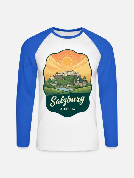 Salzburger Festung Retro Sonnenuntergangsabzeichen - Unisex Baseballshirt langarm - Weiß/Royalblau