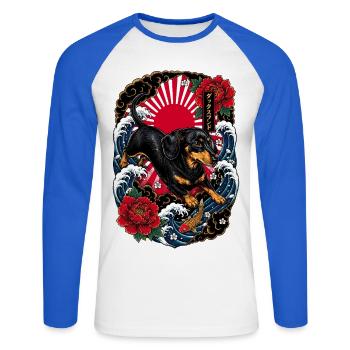 Dackel im japanischen Irezumi Tattoo Stil - Unisex Baseballshirt langarm - Weiß/Royalblau - Vorne - Nik (191cm)