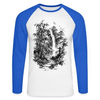 Japanese nature with bamboo and waterfall - Unisex Long Sleeve Baseball T-Shirt - white/royal blue - Front - Nik (191cm)