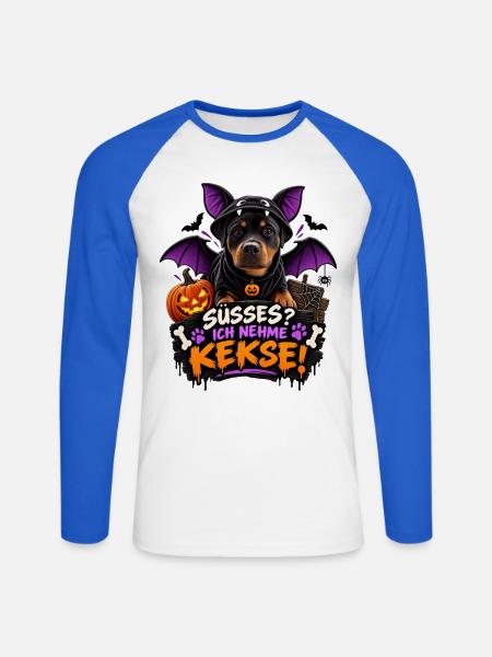 Kleiner Vampirhund will Kekse - Unisex Baseballshirt langarm - Weiß/Royalblau