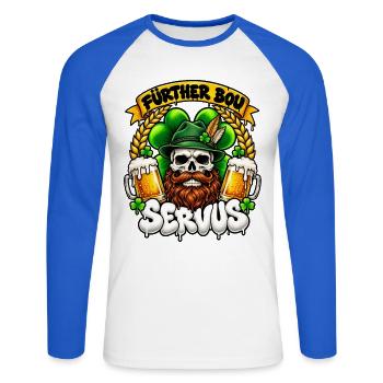 Fürther Bou Servus Totenkopf & Bier - Unisex Baseballshirt langarm - Weiß/Royalblau - Vorne - Nik (191cm)