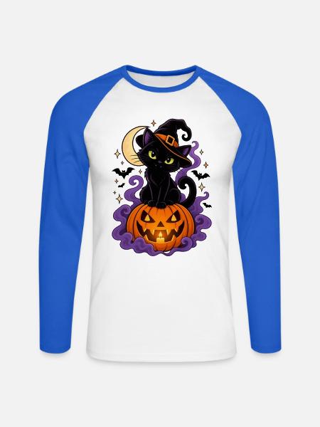 Schwarze Katzenhexe und Heller Kürbis - Unisex Baseballshirt langarm - Weiß/Royalblau