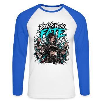 Break Your Fate – Anime Kriegerin - Unisex Baseballshirt langarm - Weiß/Royalblau - Vorne - Nik (191cm)