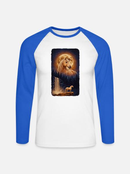 Mystisches Pferd Vollmond und Wasserfall - Unisex Baseballshirt langarm - Weiß/Royalblau