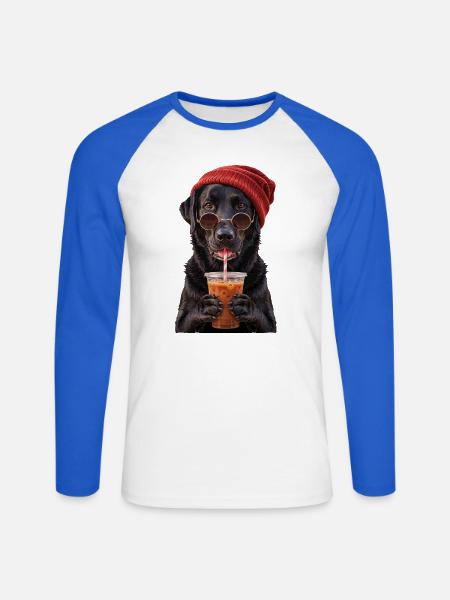 Labrador mit Mütze und Eiskaffee - Unisex Baseballshirt langarm - Weiß/Royalblau