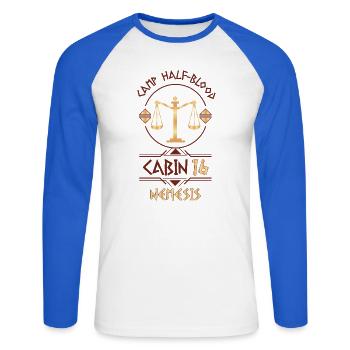 Cabin #16 in Camp Half Blood, Child of Nemesis - Unisex Long Sleeve Baseball T-Shirt - white/royal blue - Front - Nik (191cm)