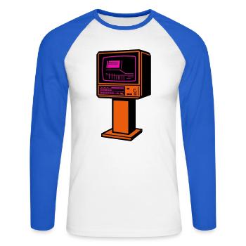 Retro-Future TV - Unisex Baseballshirt langarm - Weiß/Royalblau - Vorne - Nik (191cm)