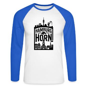 Hamburg Horn - Unisex Baseballshirt langarm - Weiß/Royalblau - Vorne - Nik (191cm)