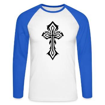 Croix, Crucifix, avec des épines, style gothique. - T-shirt baseball manches longues Homme - blanc/bleu royal - Devant - Nik (191cm)