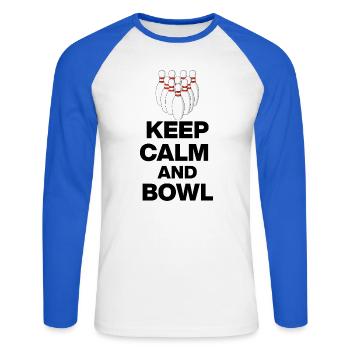KEEP CALM AND BOWL, STRIKE MEISTER! PIN SNIPER - Unisex Long Sleeve Baseball T-Shirt - white/royal blue - Front - Nik (191cm)