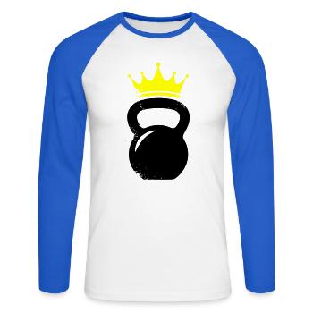 Logo de la salle de sport Kettlebell Crown - T-shirt baseball manches longues Homme - blanc/bleu royal - Devant - Nik (191cm)
