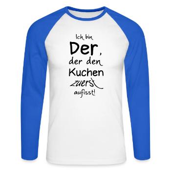 Der den Kuchen zuerst aufisst Geschenk - Unisex Baseballshirt langarm - Weiß/Royalblau - Vorne - Nik (191cm)