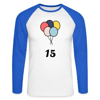 15. 15 YEARS. 15th ANNIVERSARY. 15 YEAR ANNIVERSARY. - Unisex Long Sleeve Baseball T-Shirt - white/royal blue - Front - Nik (191cm)