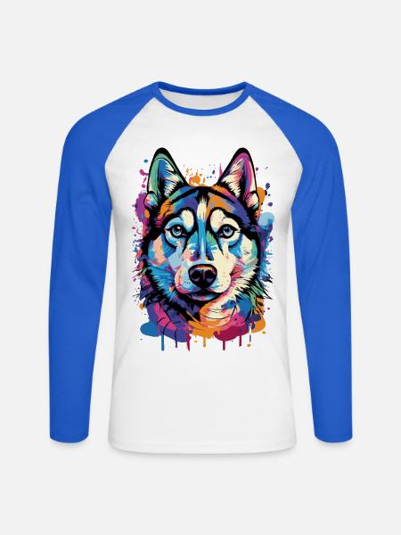 Husky Farbenfroh - Husky Hund - Bunter Husky - Unisex Baseballshirt langarm - Weiß/Royalblau